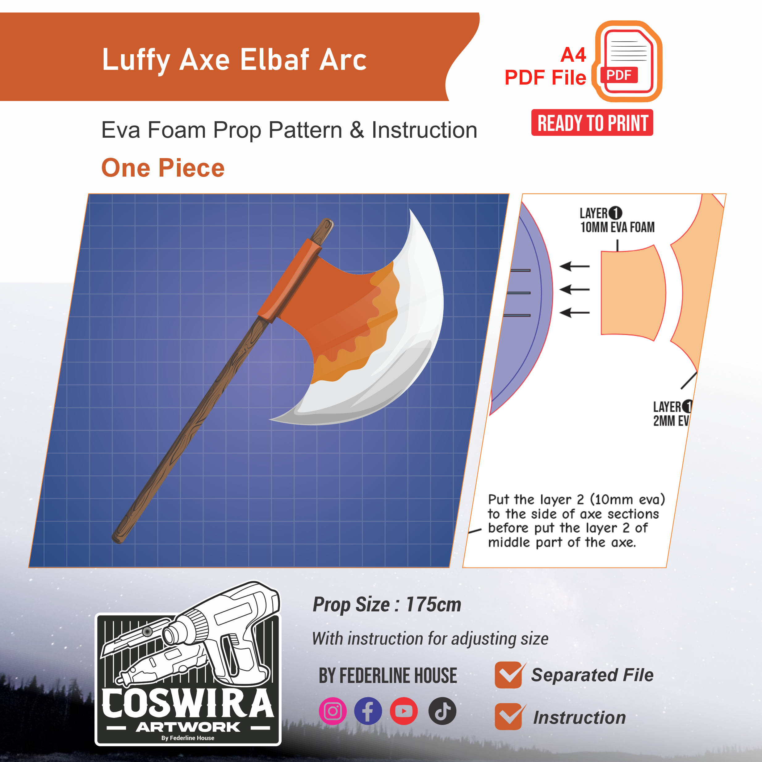 Luffy Elbaf Axe Prop Pattern Template – EVA Foam Pattern for Cosplay a ...