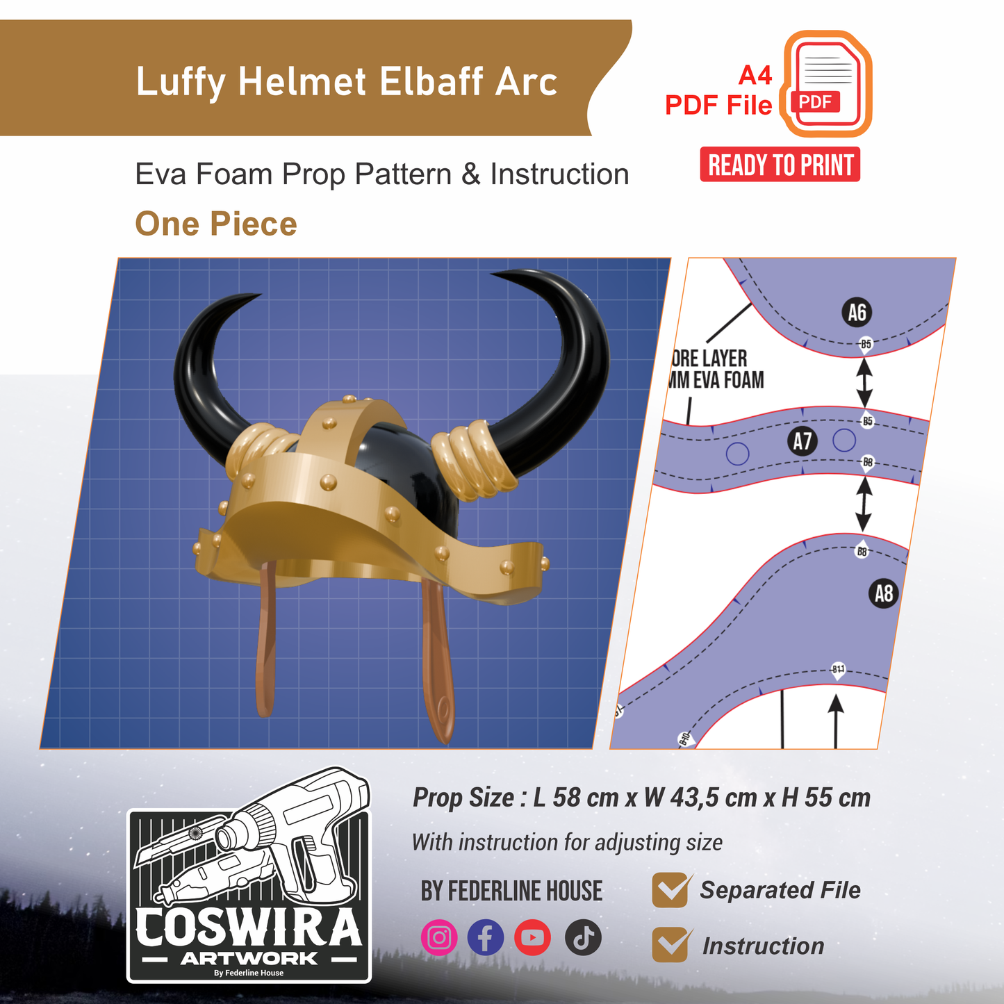 Luffy Elbaf Helmet Prop Pattern Template – EVA Foam Pattern for Cosplay and DIY Builds Inspired by One Piece Anime