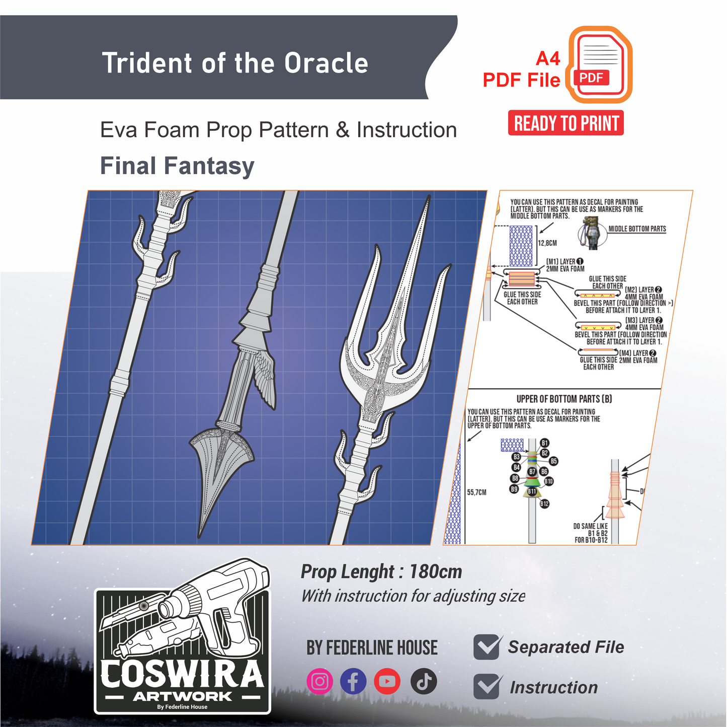 Lunafreya Trident (Trident of the Oracle) Prop Pattern Template – EVA Foam Pattern for Cosplay & DIY Builds Inspired by Final Fantasy XV