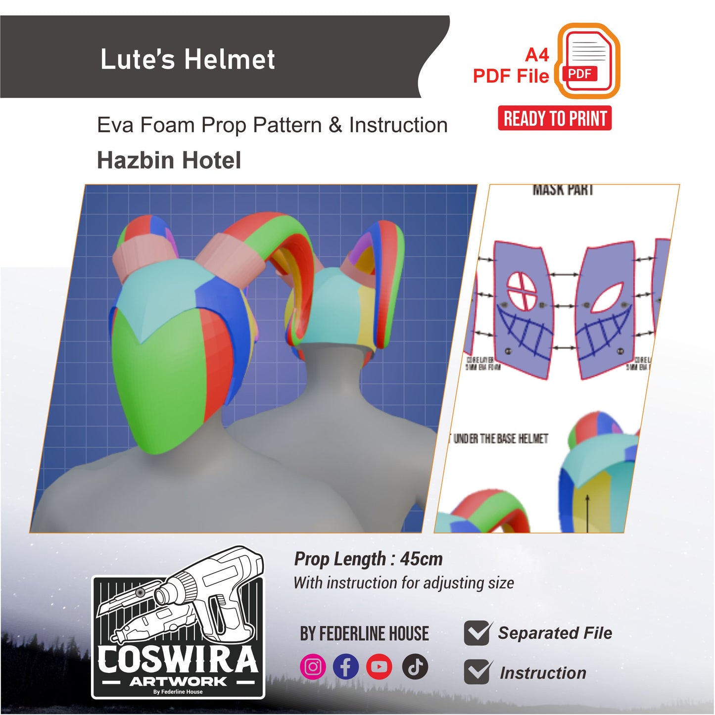 Lute Helmet Prop Pattern Template – EVA Foam Pattern for Cosplay and DIY Builds Inspired by Hazbin Hotel