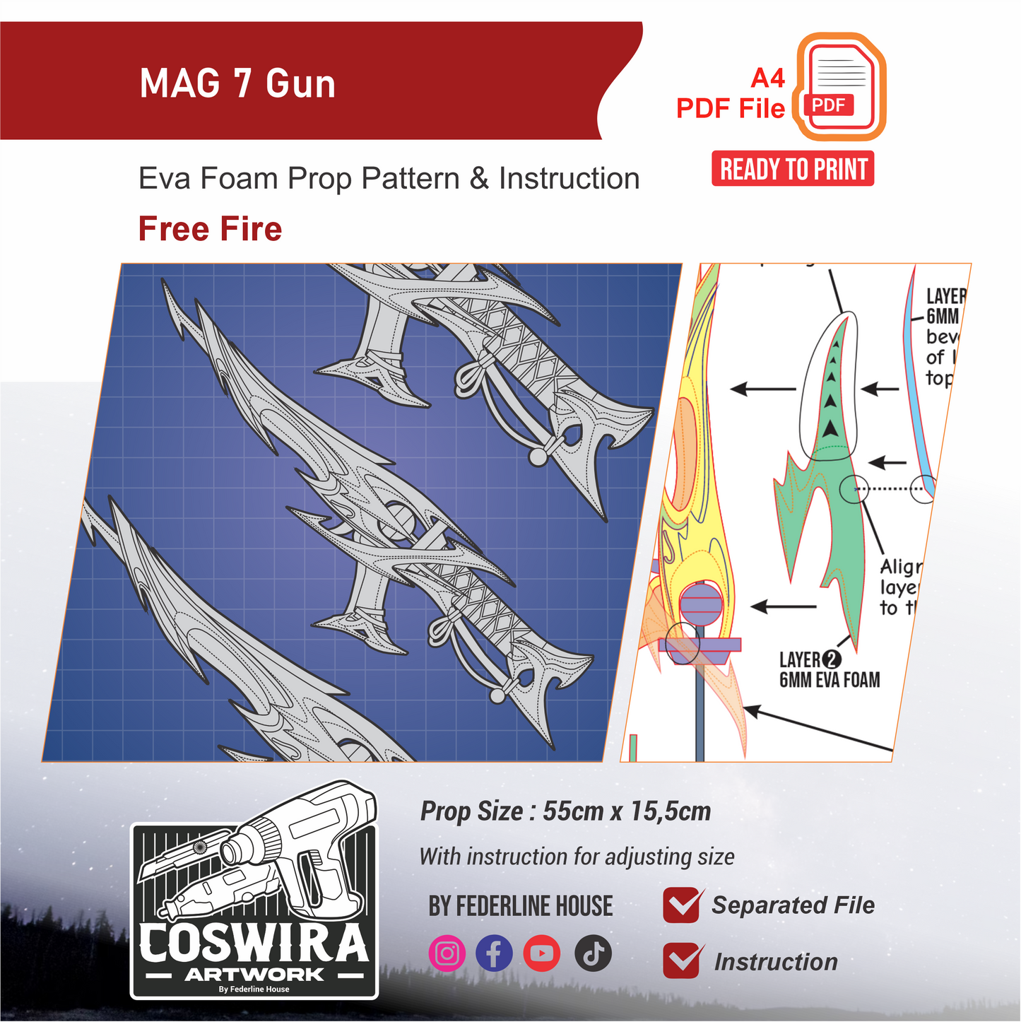 MAC7 Gun Prop Pattern Template – EVA Foam Pattern for Cosplay and DIY Builds Inspired by Free Fire