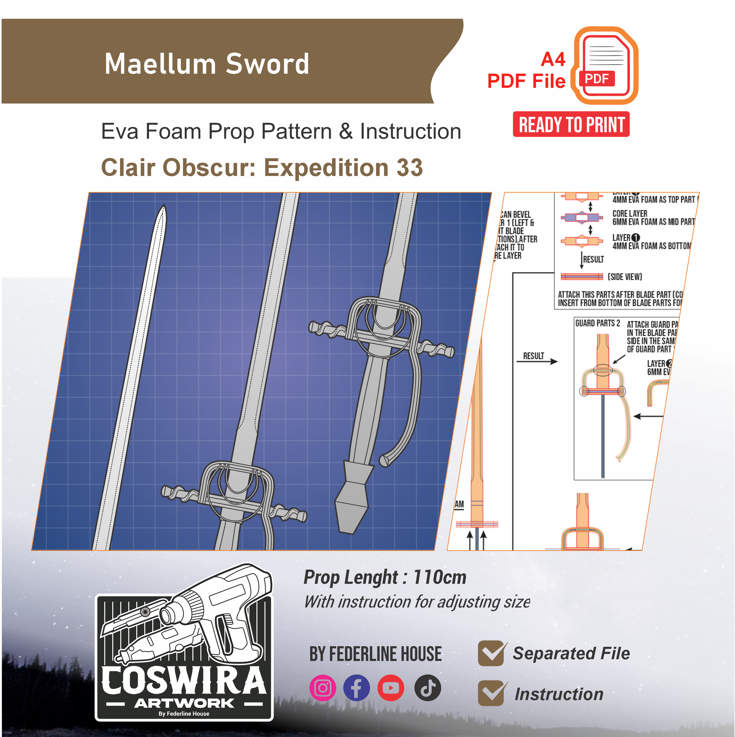 Maellum – Maelle Sword Prop Pattern Template – EVA Foam Pattern for Co ...