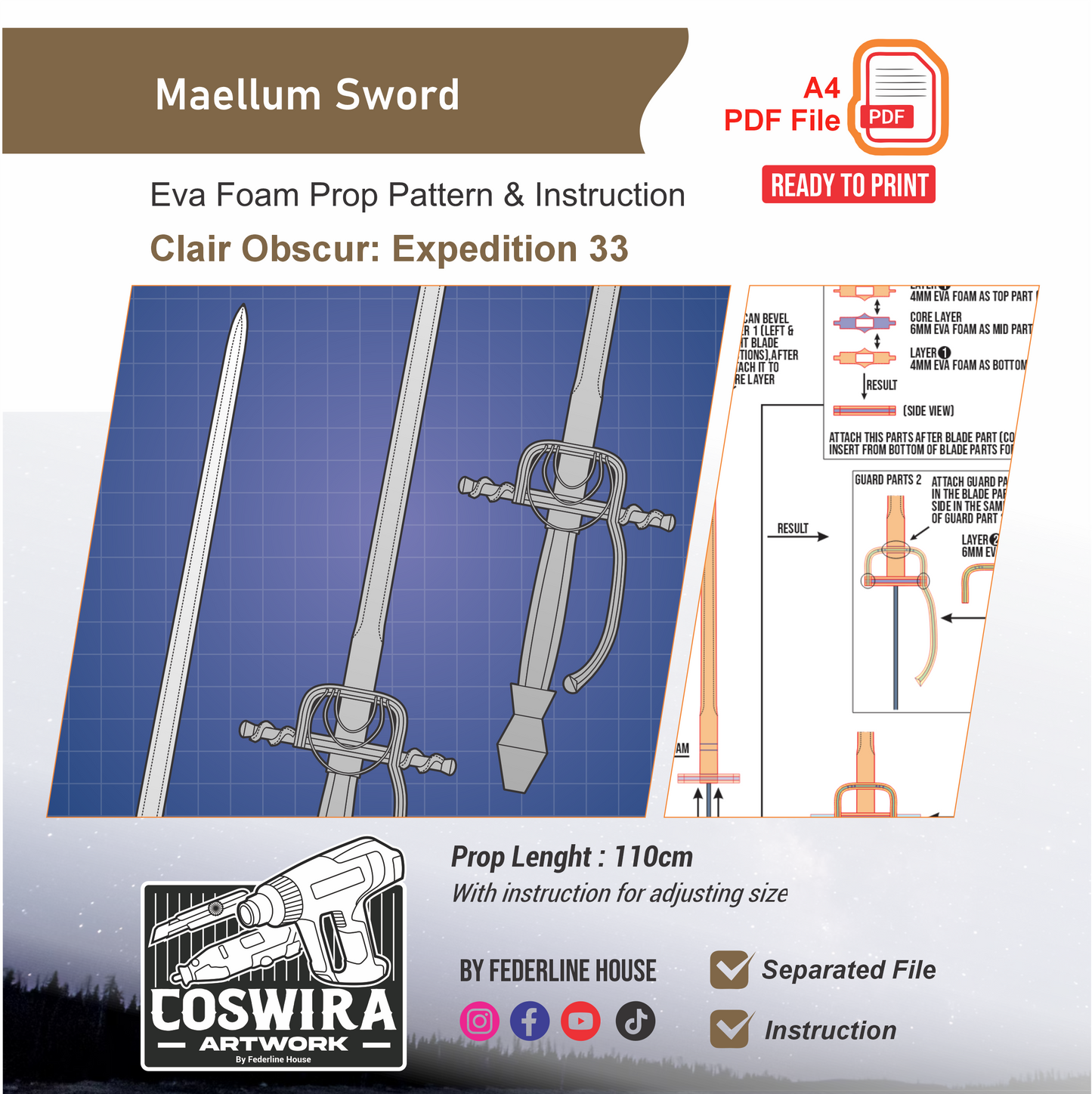 Maellum – Maelle Sword Prop Pattern Template – EVA Foam Pattern for Cosplay & DIY Builds Inspired by Clair Obscur: Expedition 33