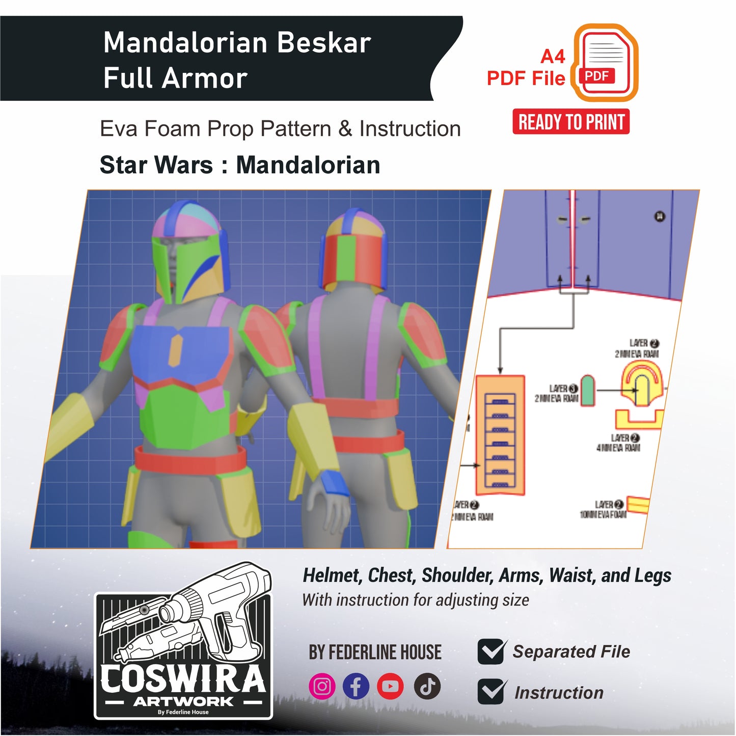 Mandalorian Beskar Full Armor Prop Pattern Template – EVA Foam Pattern for Cosplay and DIY Builds Inspired by Star Wars: The Mandalorian