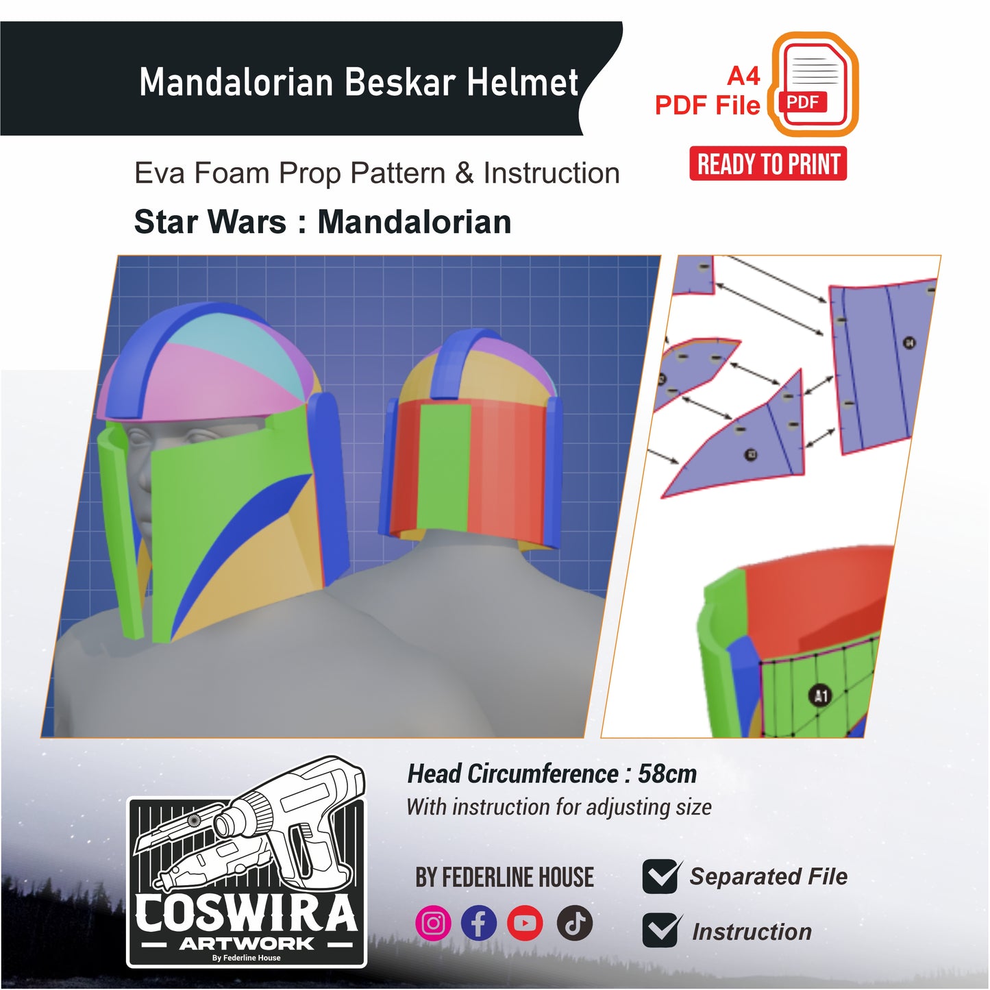 Mandalorian Beskar Helmet Prop Pattern Template – EVA Foam Pattern for Cosplay and DIY Builds Inspired by Star Wars: The Mandalorian