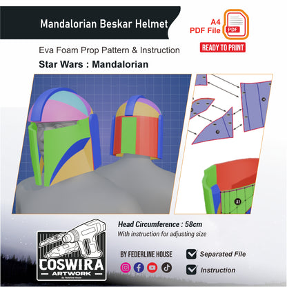 Mandalorian Beskar Helmet Prop Pattern Template – EVA Foam Pattern for Cosplay and DIY Builds Inspired by Star Wars: The Mandalorian