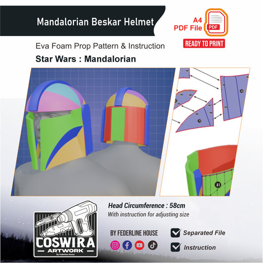Mandalorian Beskar Helmet Prop Pattern Template – EVA Foam Pattern for Cosplay and DIY Builds Inspired by Star Wars: The Mandalorian