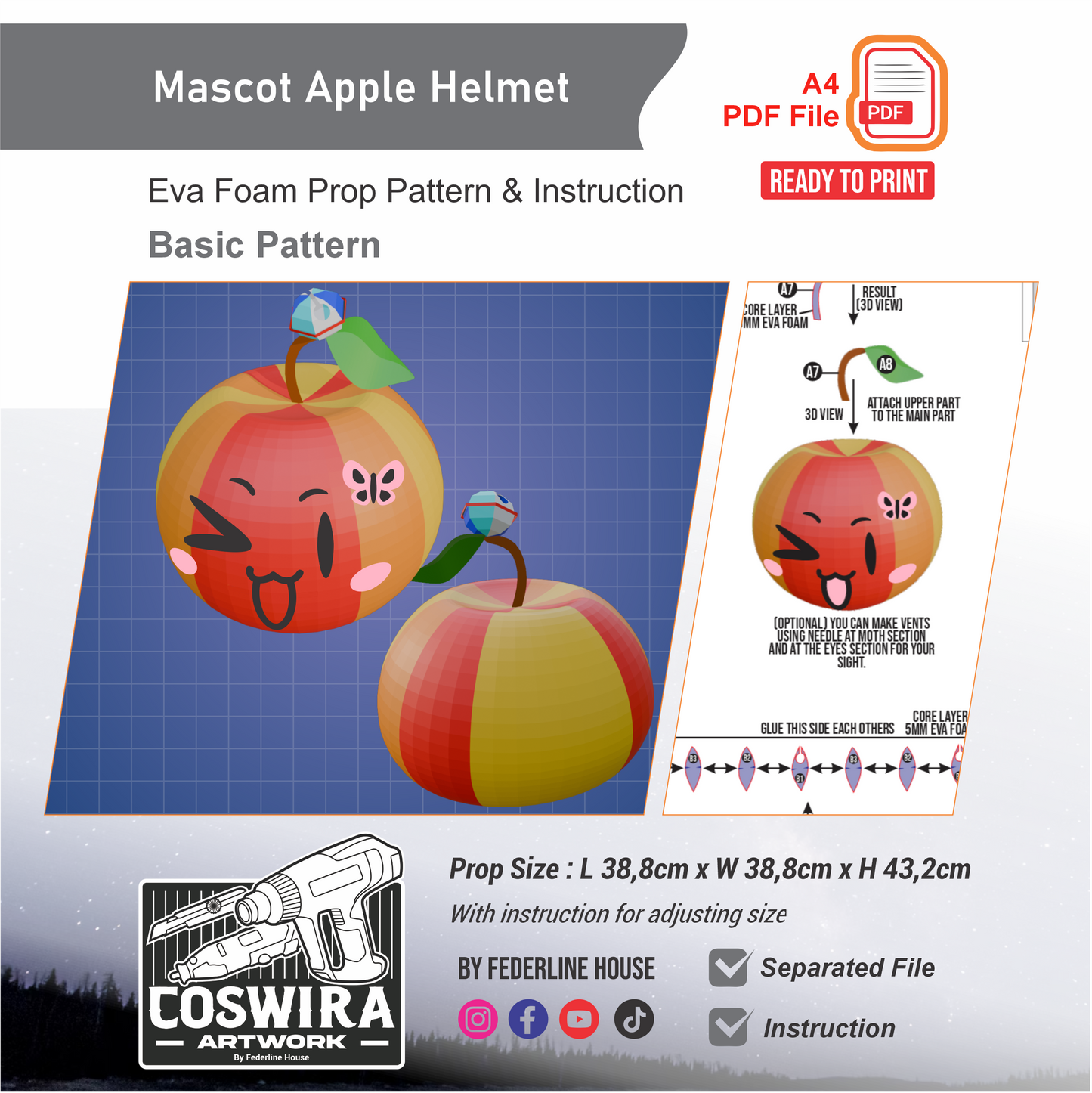 Mascot Apple Helmet Basic Pattern Template – EVA Foam Cosplay PDF for DIY Builds