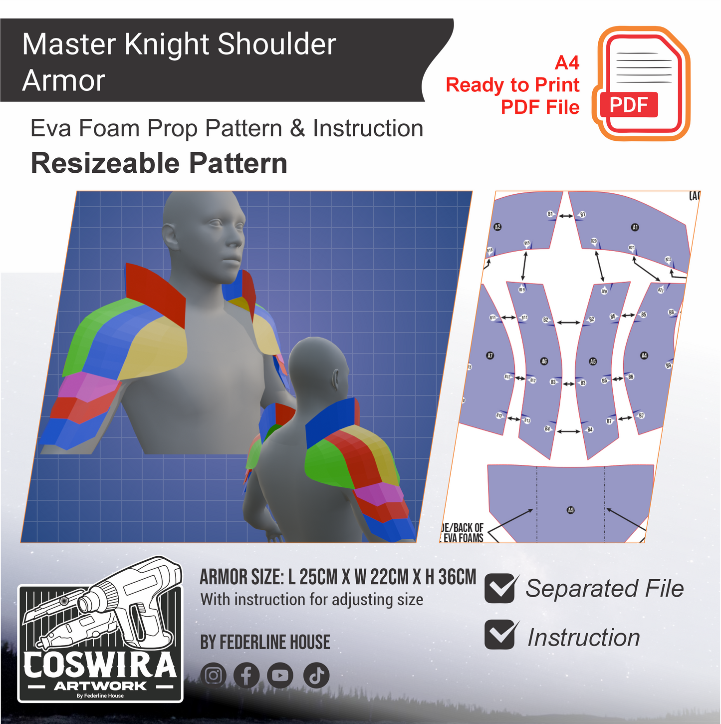 Master Knight Shoulder Armor Basic Pattern Template – EVA Foam Pattern for Cosplay & DIY Builds