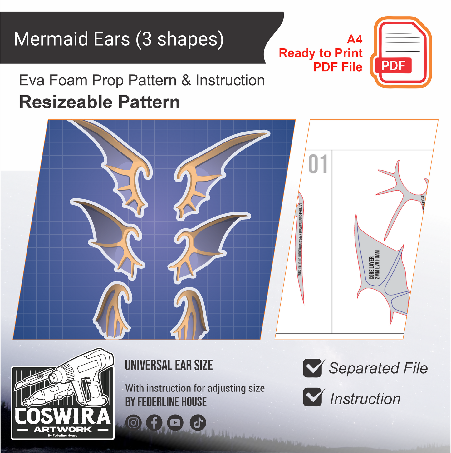 Mermaid Ear (3 Shapes) Prop Pattern Template – EVA Foam Basic Pattern for Cosplay & DIY Builds
