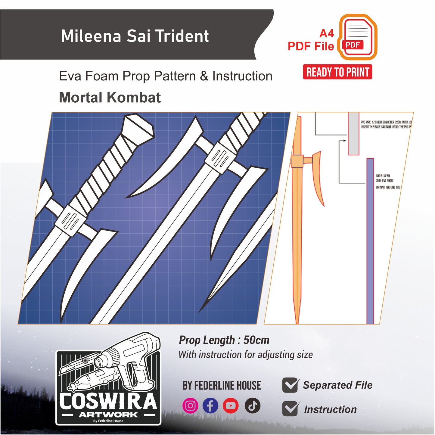 Mileena Sai Trident Prop Pattern Template – EVA Foam Pattern for Cosplay and DIY Builds Inspired by Mortal Kombat Game