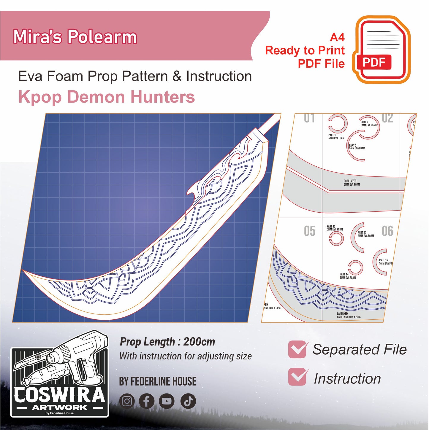 Prop Pattern: Mira Polearm from Kpop Demons Hunter Cosplay Template Blueprint PDF