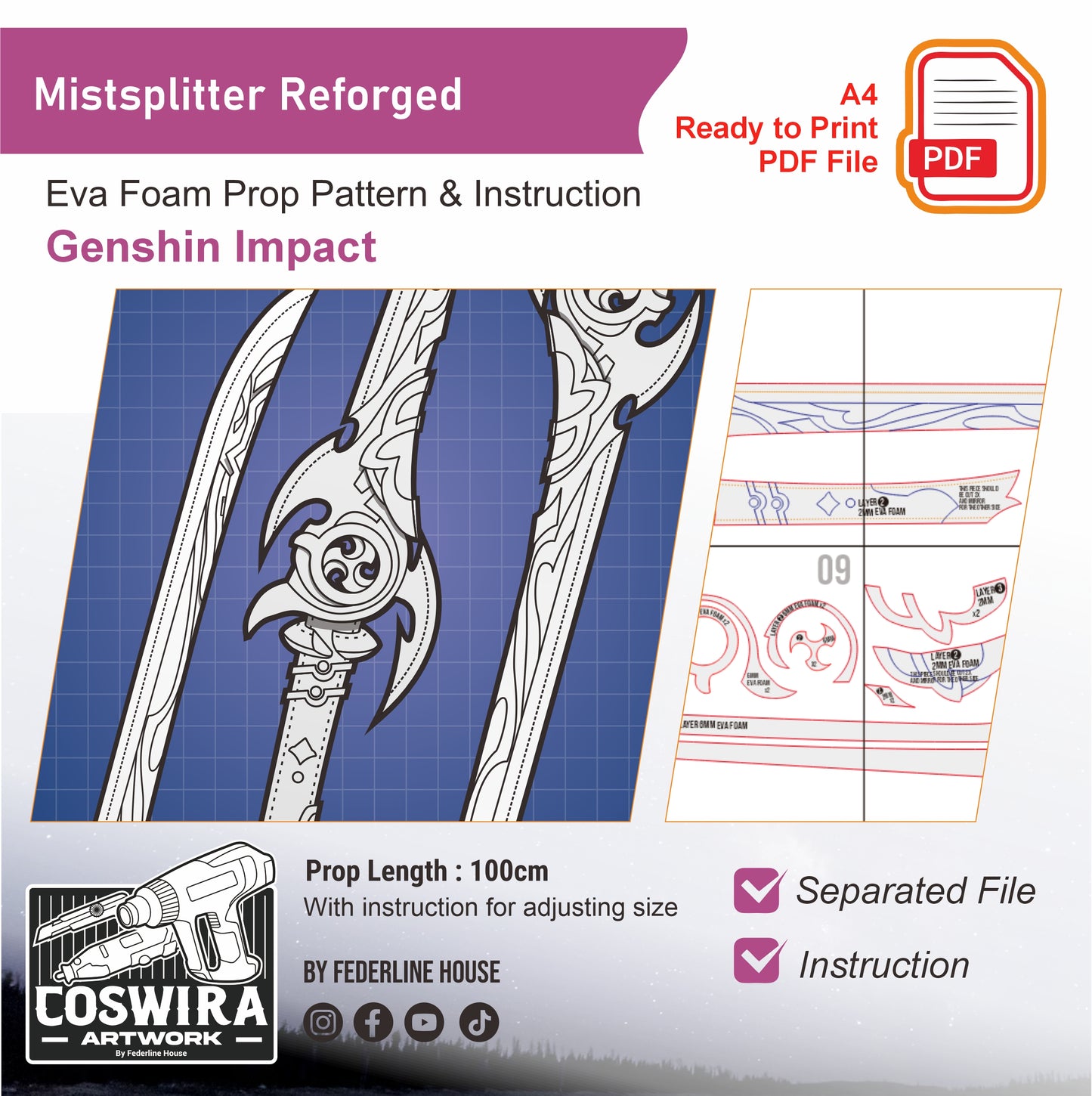 Mistsplitter Reforged Prop Pattern Template – EVA Foam Pattern for Cosplay & DIY Builds Inspired by Genshin Impact