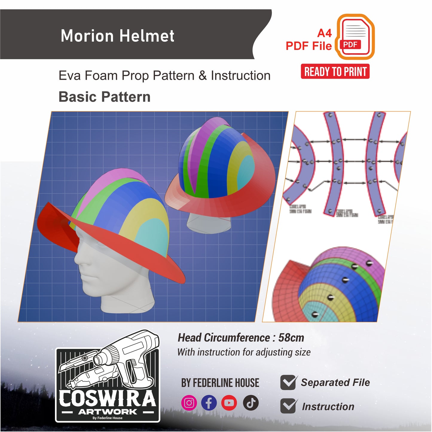Morion Helmet Basic Pattern Template – EVA Foam Cosplay PDF for DIY