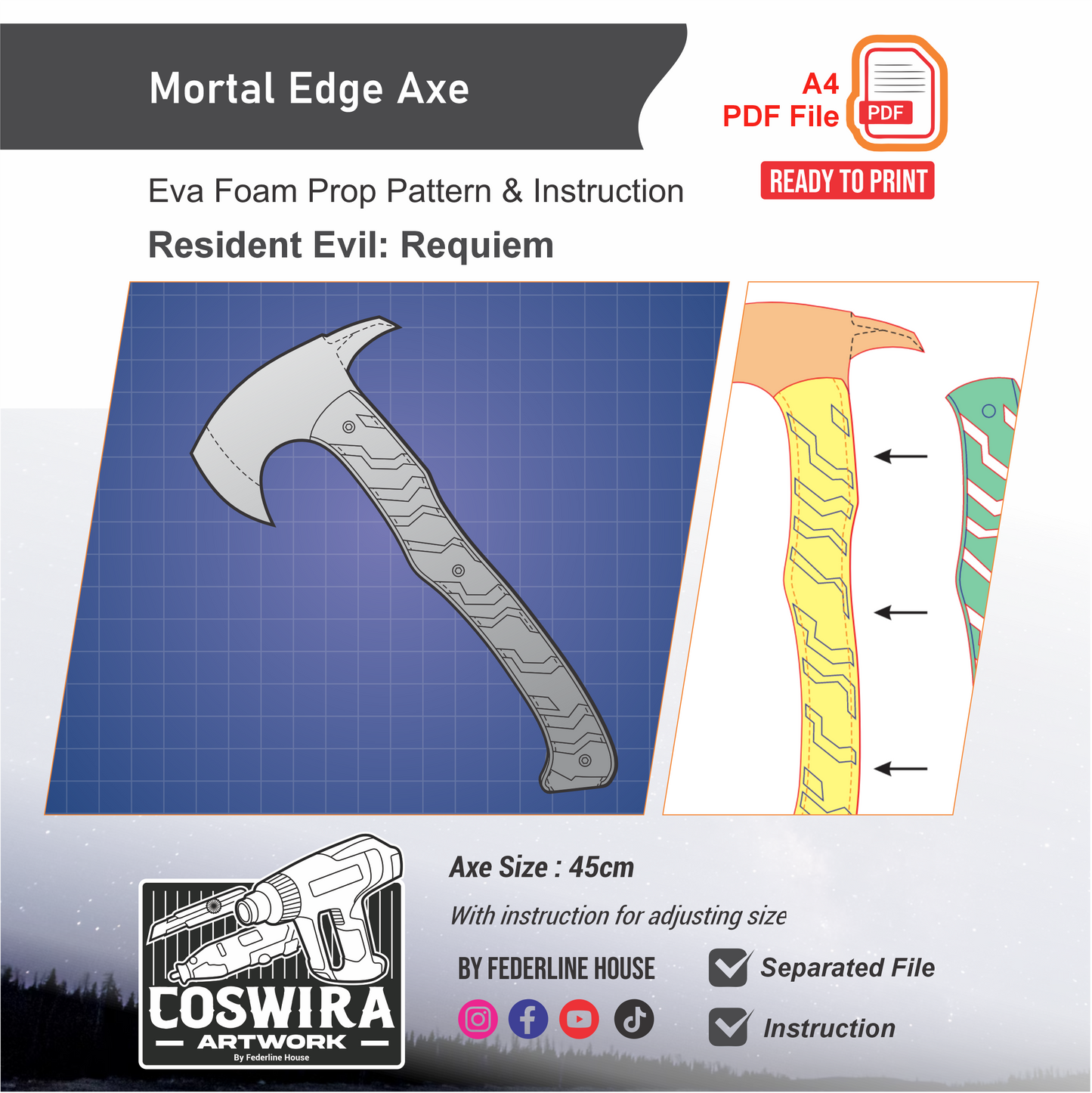 Mortal Edge Axe Prop Pattern Template – EVA Foam Pattern for Cosplay and DIY Builds Inspired by Resident Evil Requiem Game