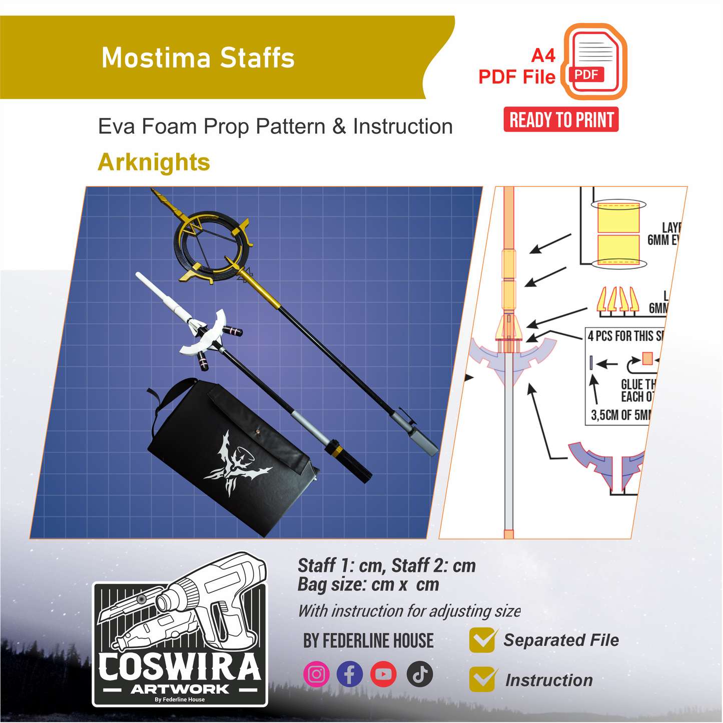 Mostima Dual Staff & Bag EVA Foam Pattern PDF – Arknights Inspired Cosplay Prop Template