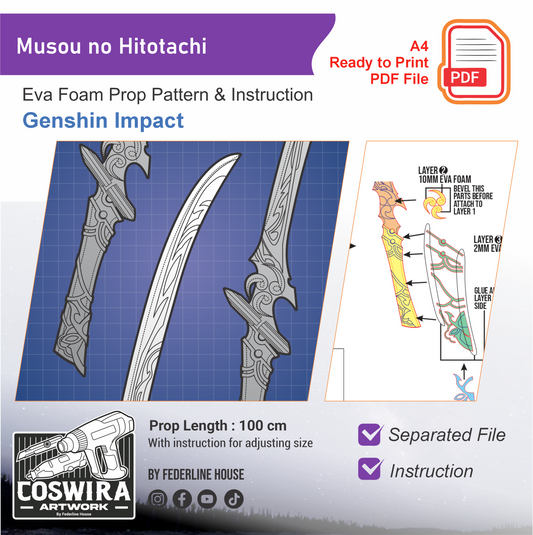 Musou no Hitotachi Sword Prop Pattern Template – EVA Foam Pattern for Cosplay & DIY Builds Inspired by Raiden Shogun (Genshin Impact)