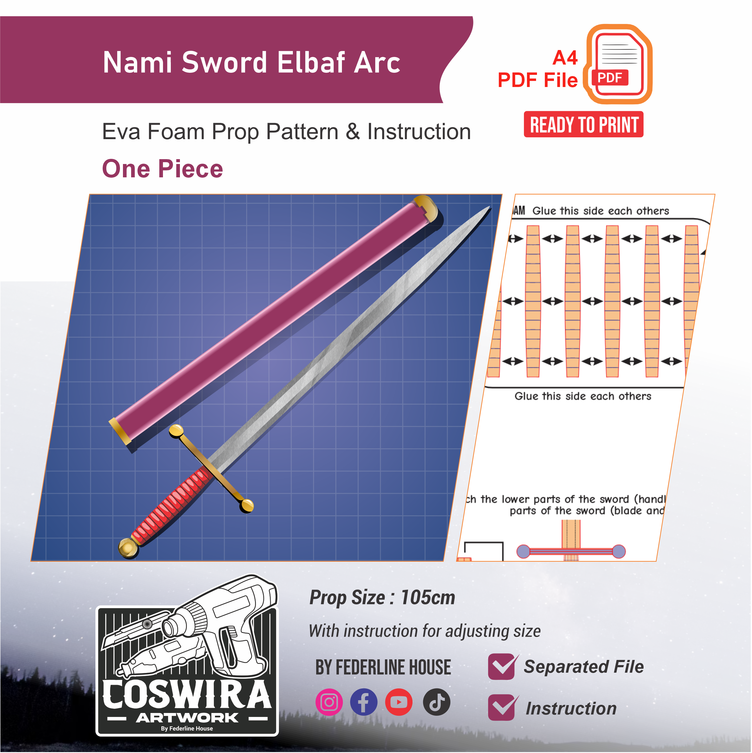 Nami Elbaf Sword Prop Pattern Template – EVA Foam Pattern for Cosplay ...