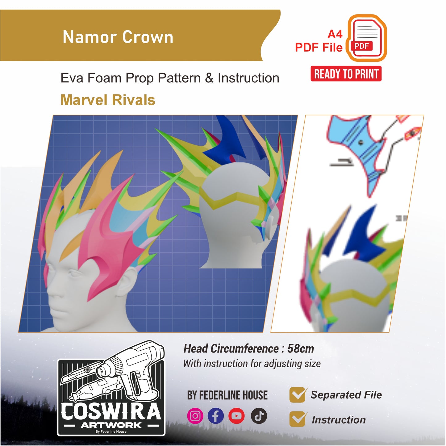 Namor Crown Prop Pattern Template – EVA Foam Pattern for Cosplay and DIY Builds Inspired by Marvel Rivals