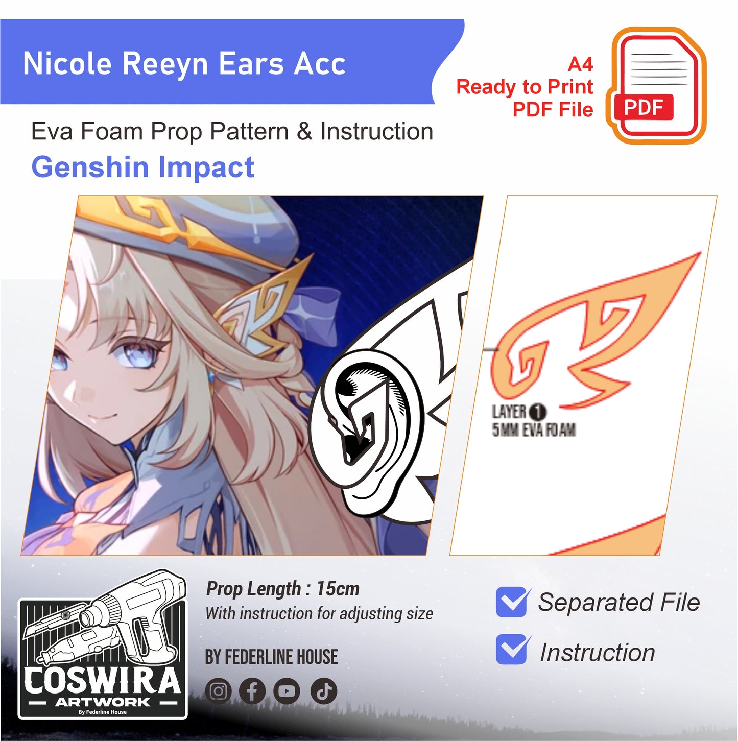 Nicole Reeyn Ear Accessory Pattern Template – EVA Foam Pattern for Cosplay & DIY Builds Inspired by Genshin Impact