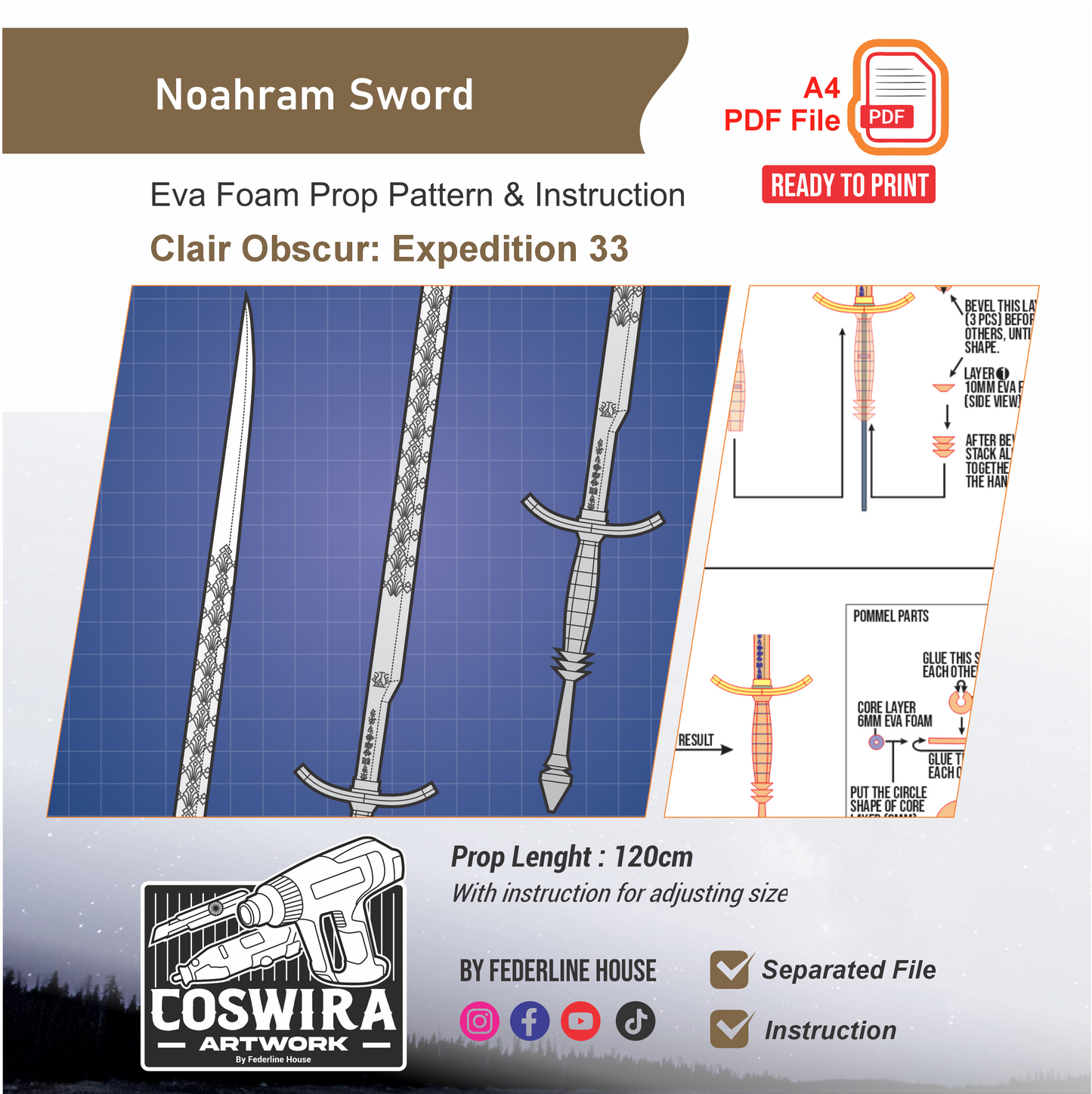 Noahram – Gustave & Verso Sword Prop Pattern Template – EVA Foam Pattern for Cosplay & DIY Builds Inspired by Clair Obscur: Expedition 33