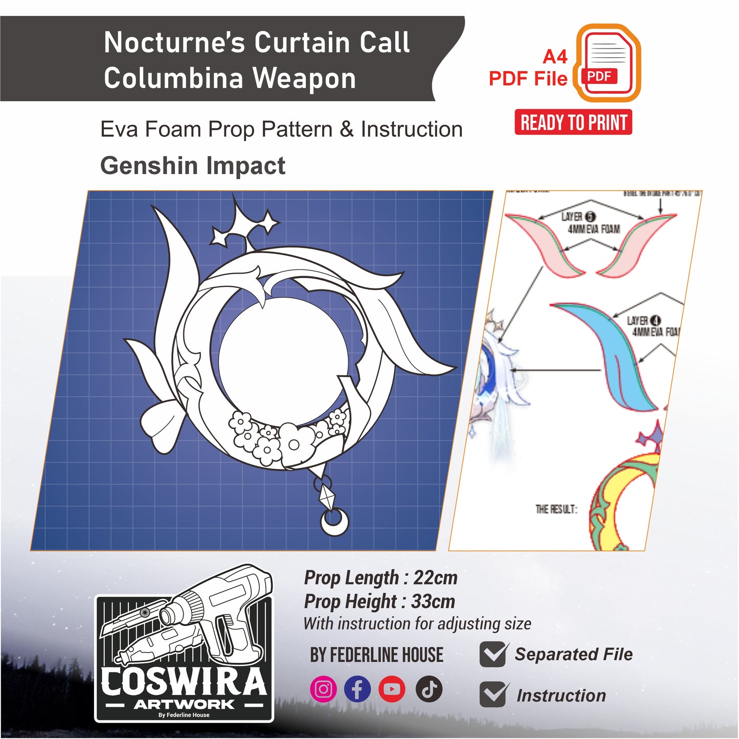 Nocturne’s Curtain Call Prop Pattern Template – EVA Foam Cosplay PDF Inspired by Genshin Impact