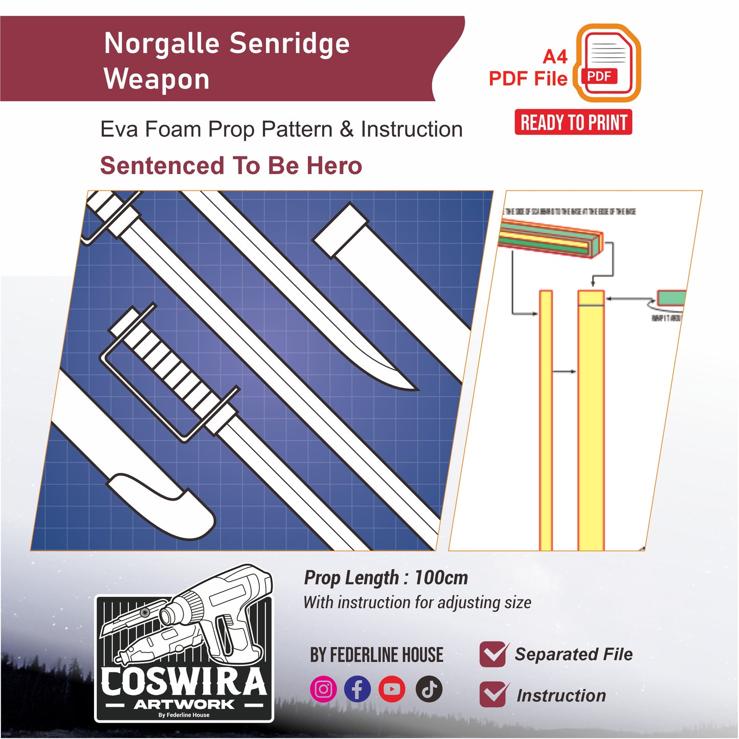 Norgalle Senridge Weapon Prop Pattern Template – EVA Foam Pattern for Cosplay and DIY Builds Inspired by Sentenced To Be Hero Anime