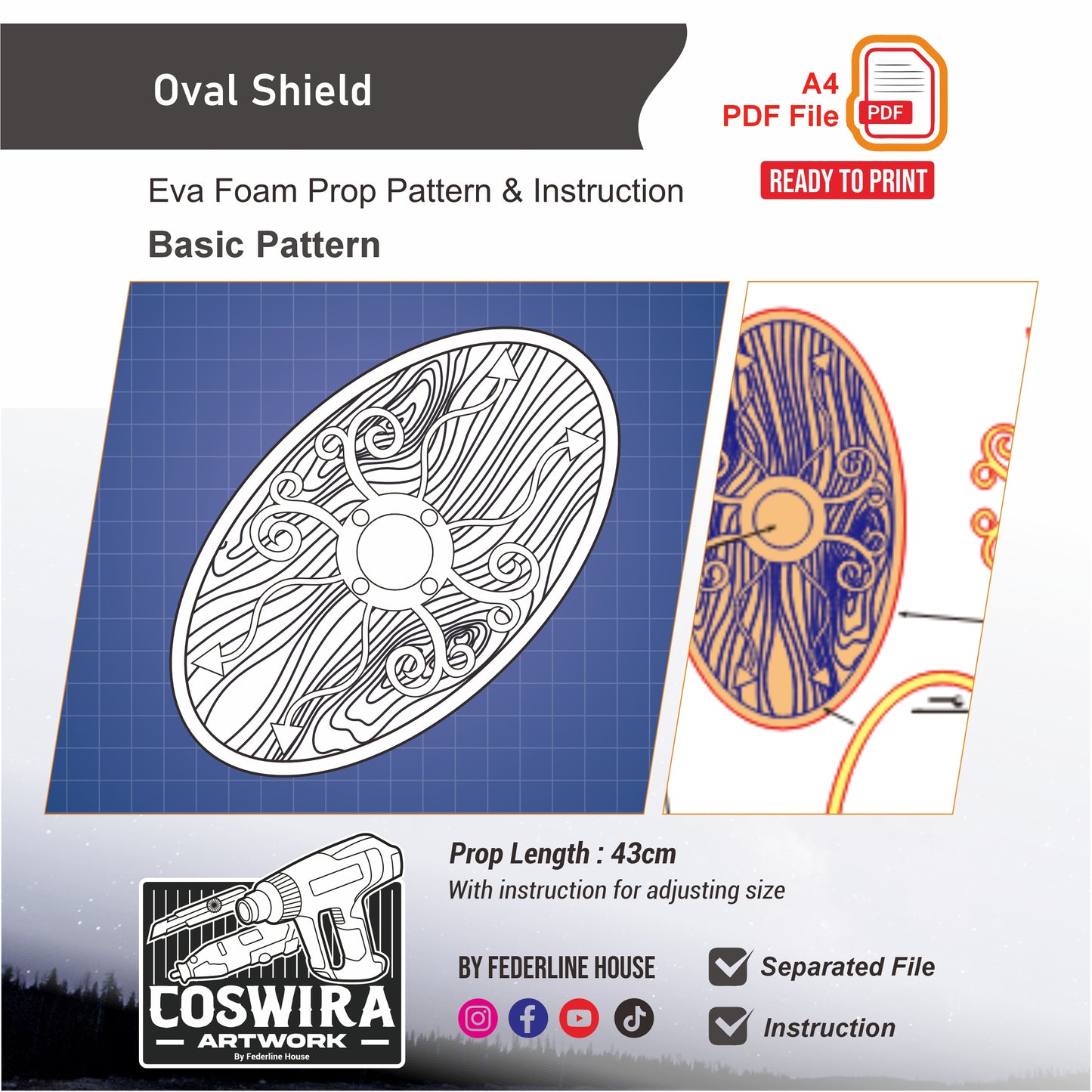 Oval Shield Basic Pattern Template – EVA Foam Cosplay PDF for DIY Builds