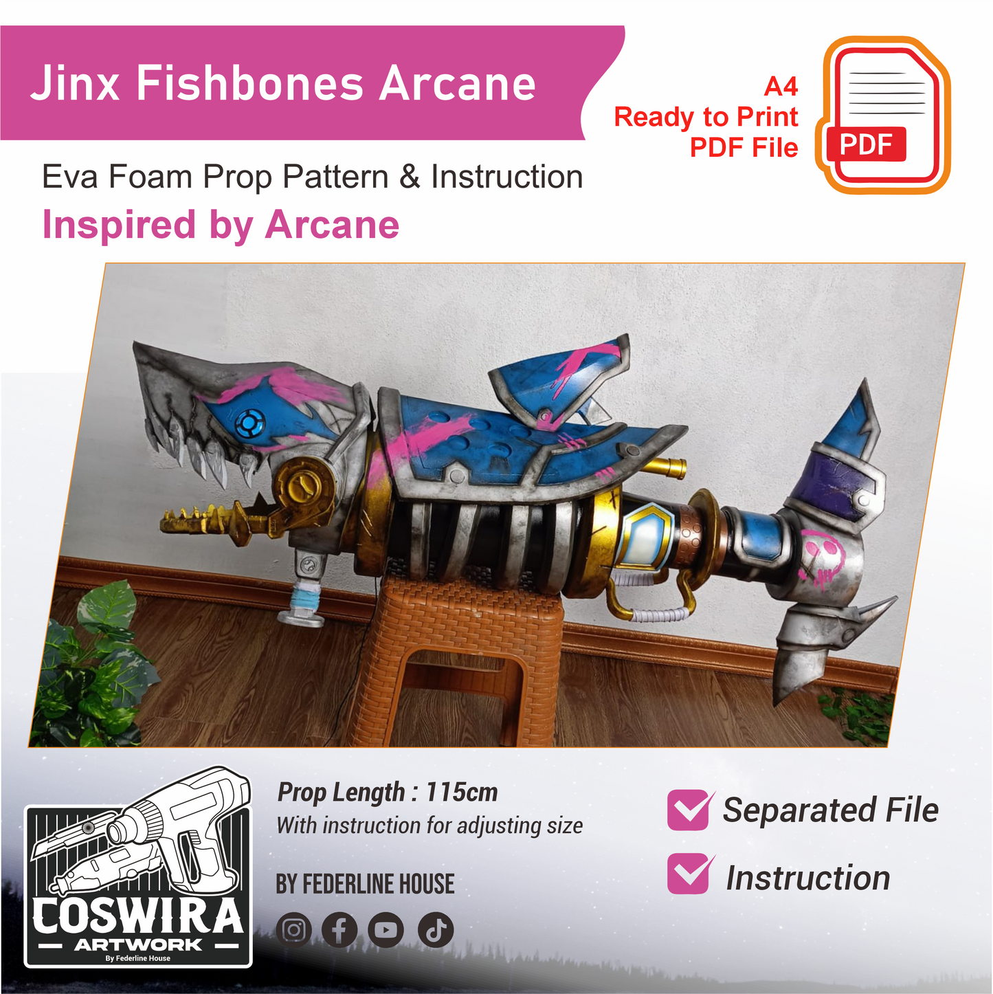 Pattern + Video on YouTube: Jinx Cosplay Fishbones Rocket Launcher from Arcane League of Legends Cosplay Template Blueprint PDF