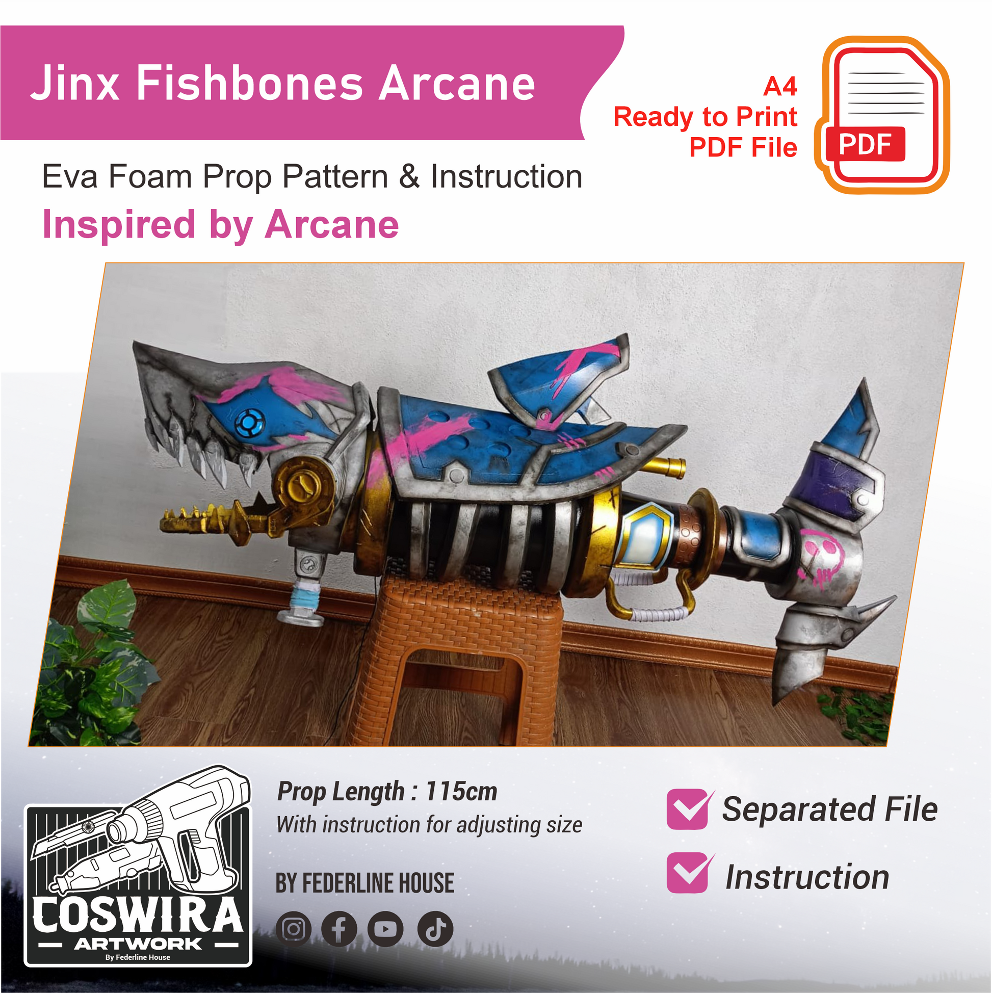 Pattern + Video on YouTube: Jinx Cosplay Fishbones Rocket Launcher from Arcane League of Legends Cosplay Template Blueprint PDF