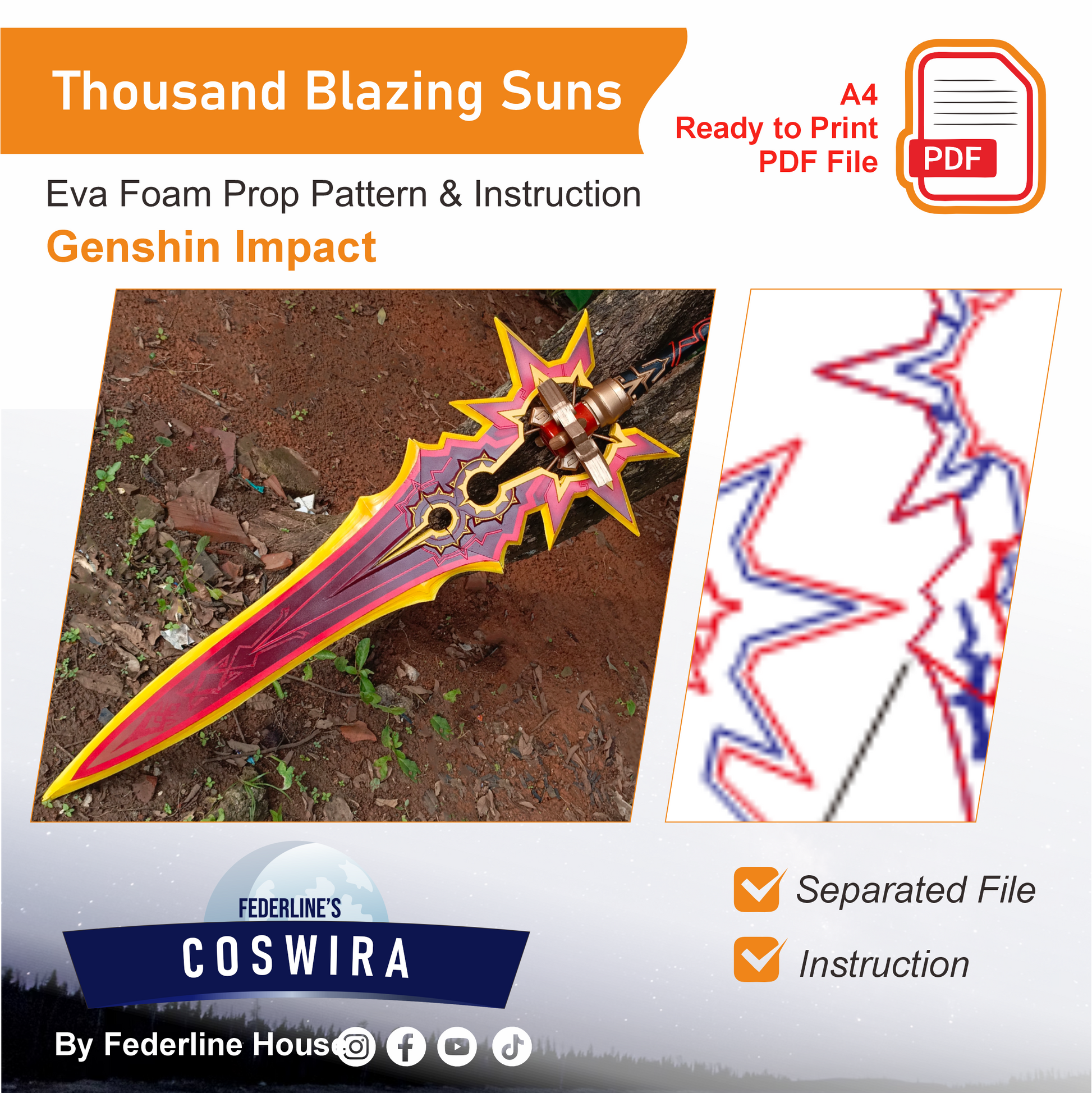 Pattern + Video on YouTube : Mavuika Claymore Cosplay A Thousands Blazing Suns from Genshin Impact Template Blueprint PDF