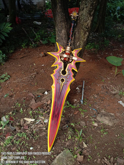 Pattern + Video on YouTube : Mavuika Claymore Cosplay A Thousands Blazing Suns from Genshin Impact Template Blueprint PDF