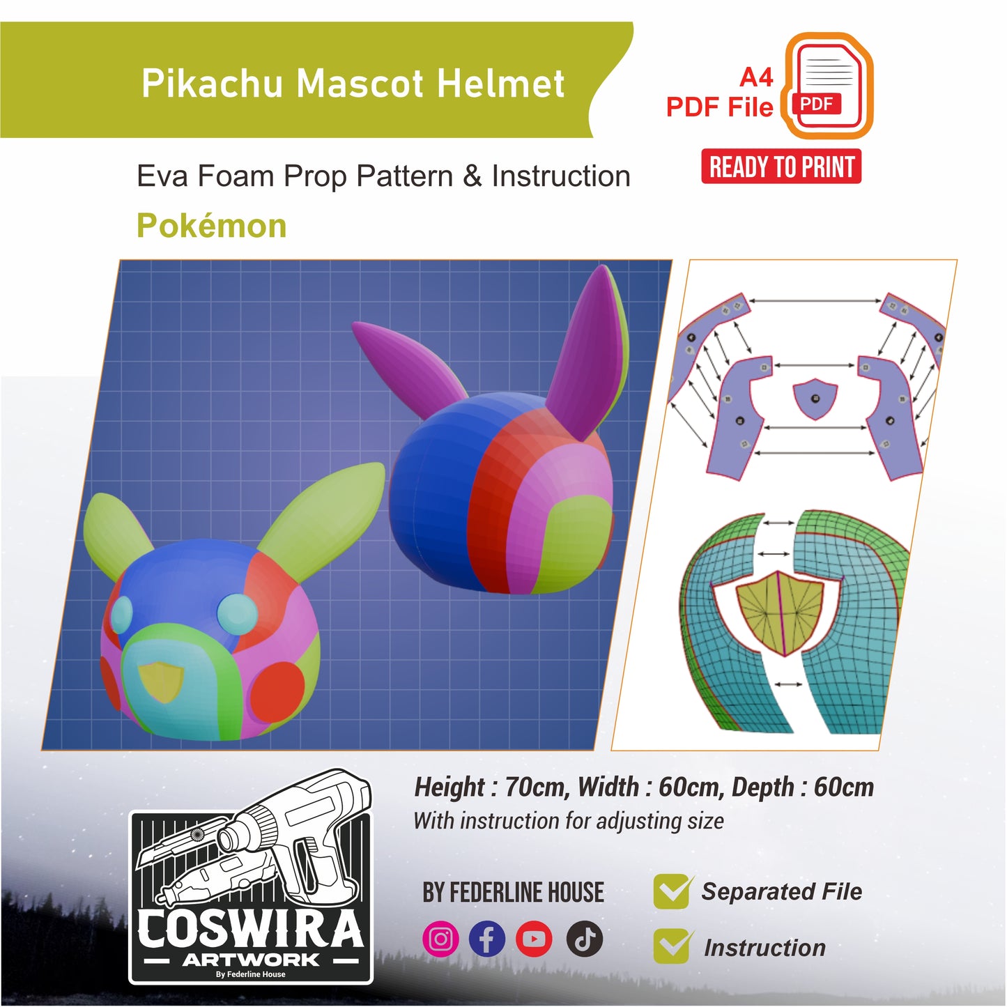 Pikachu Mascot Helmet Prop Pattern Template – EVA Foam Pattern for Cosplay and DIY Builds Inspired by Pokémon
