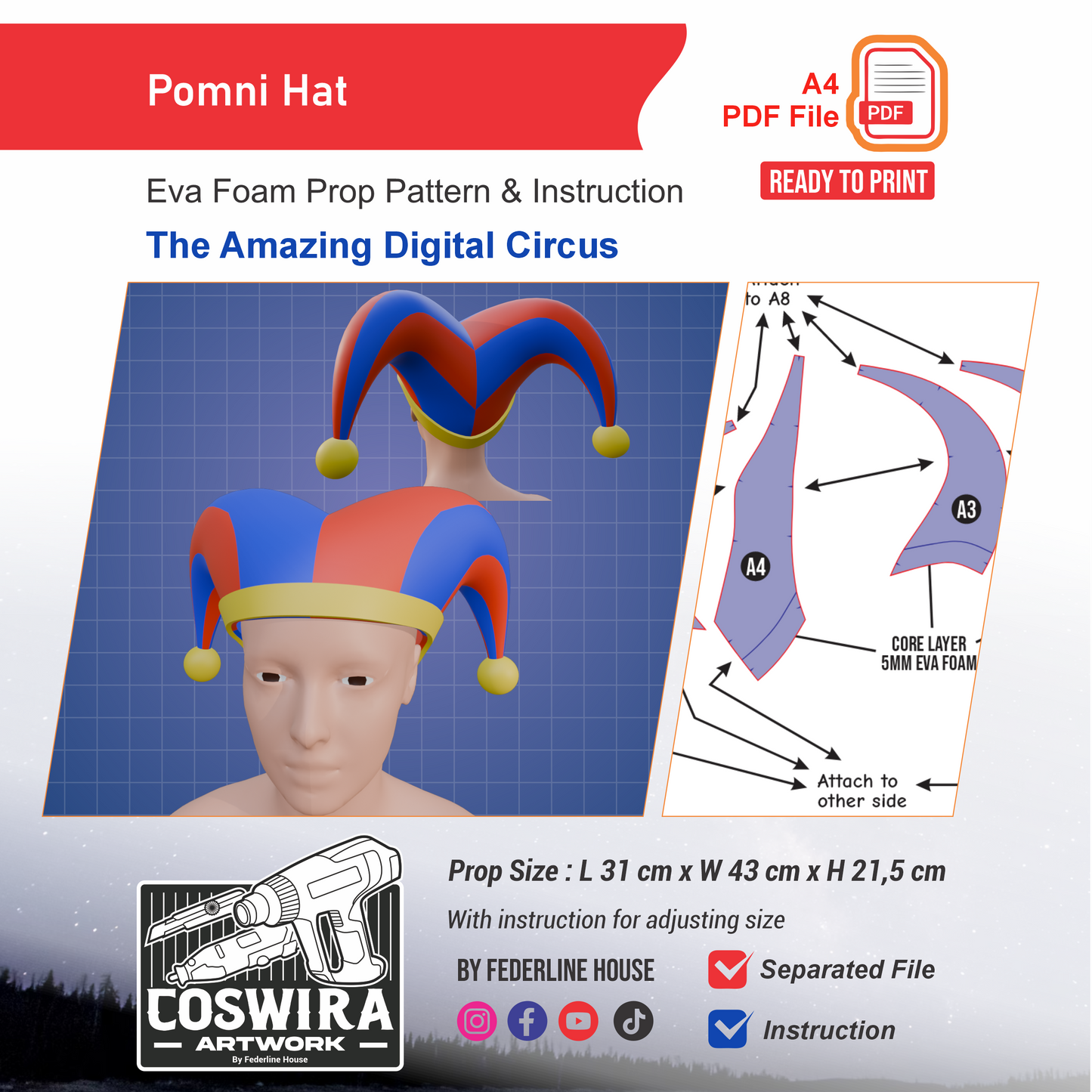 Pomni Hat Prop Pattern Template – EVA Foam Pattern for Cosplay and DIY Builds Inspired by The Amazing Digital Circus
