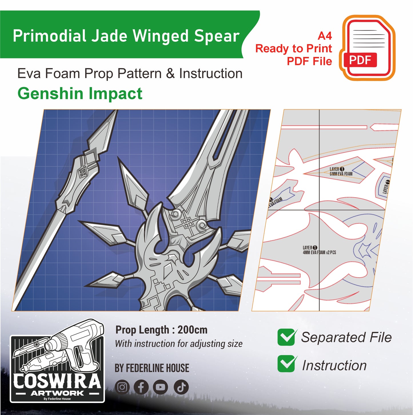 Primordial Jade Spear Prop Pattern Template – EVA Foam Pattern for Cosplay & DIY Builds Inspired by Genshin Impact