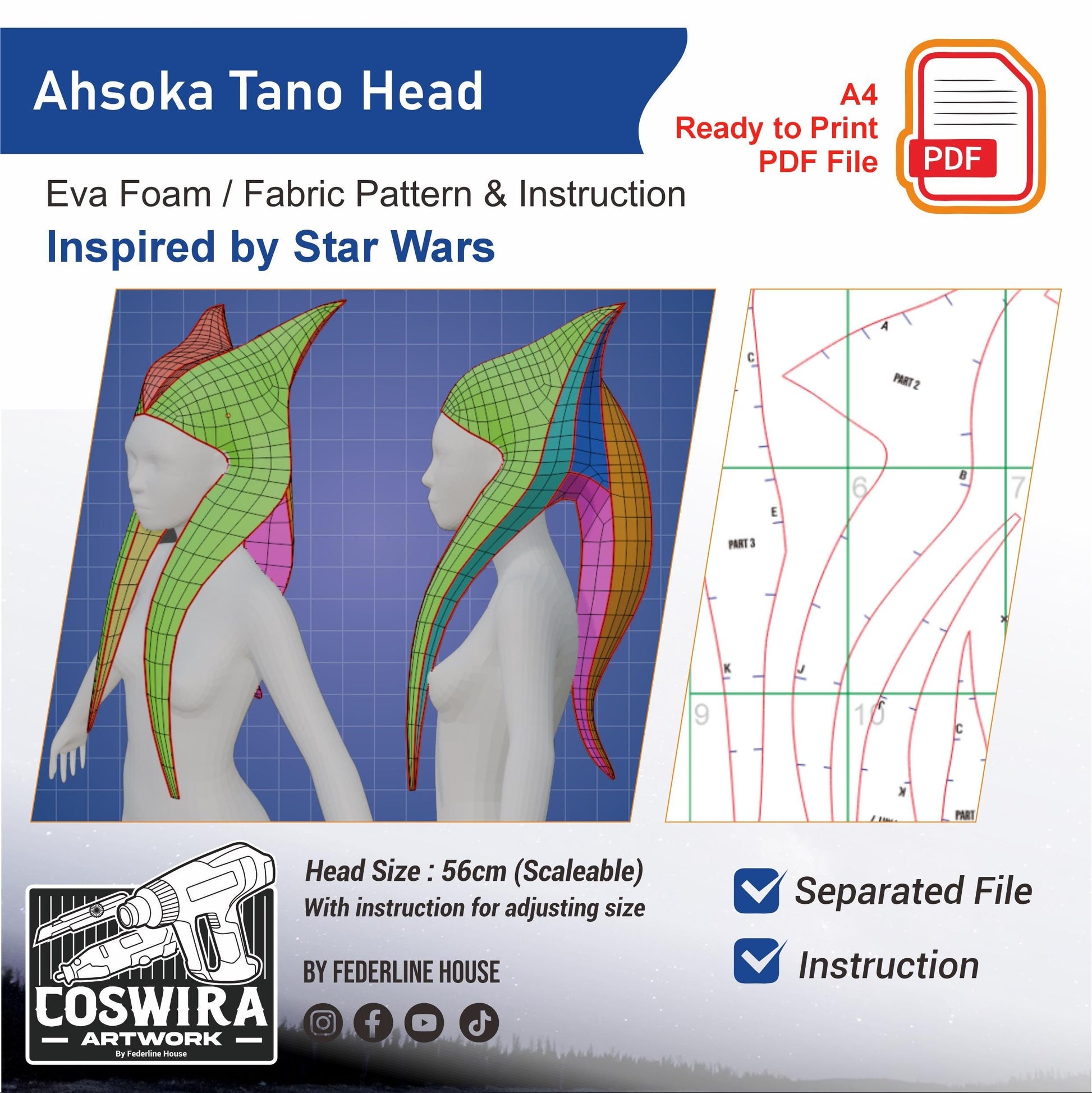 Prop Pattern: Ahsoka Tano Headpiece Togruta Lekku from Star Wars Rebels Cosplay Template Blueprint PDF
