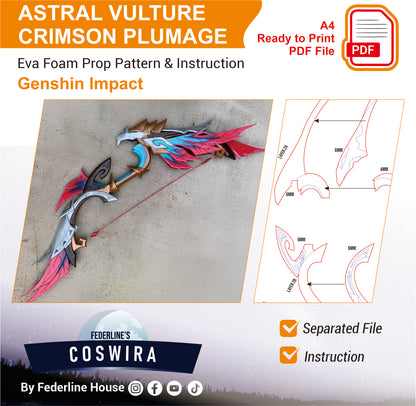 Prop Pattern: Astral Vulture’s Crimson Plumage Bow from Genshin Impact Cosplay Template Blueprint PDF