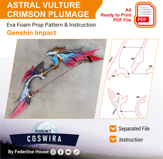 Prop Pattern: Astral Vulture’s Crimson Plumage Bow from Genshin Impact Cosplay Template Blueprint PDF