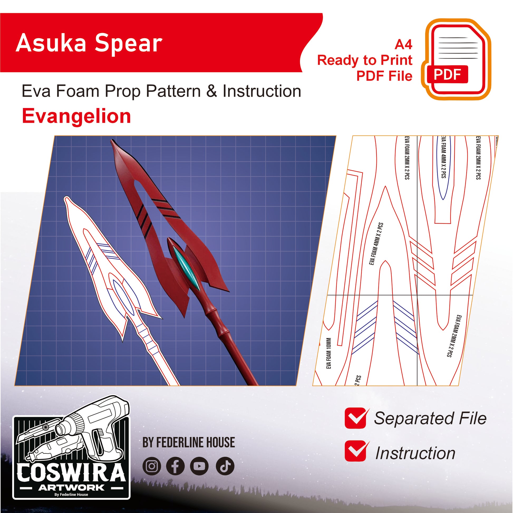 Prop Pattern: Asuka Spear from Evangelion Cosplay Template Blueprint PDF