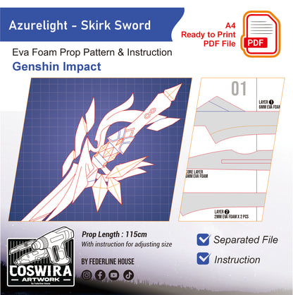 Prop Pattern: Azurelight Skirk Sword from Genshin Impact Cosplay Template Blueprint PDF
