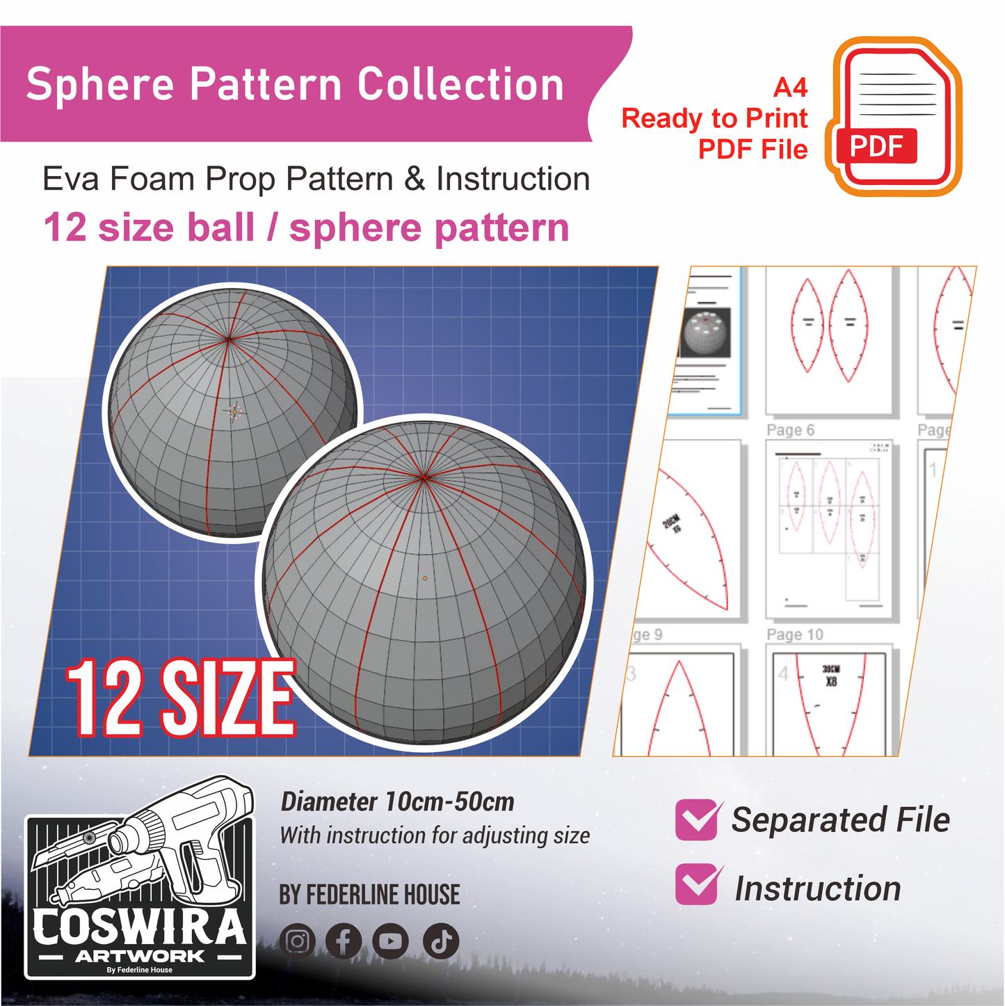 Prop Pattern: Ball Sphere Basic Template – 12 Size EVA Foam Cosplay Blueprint PDF