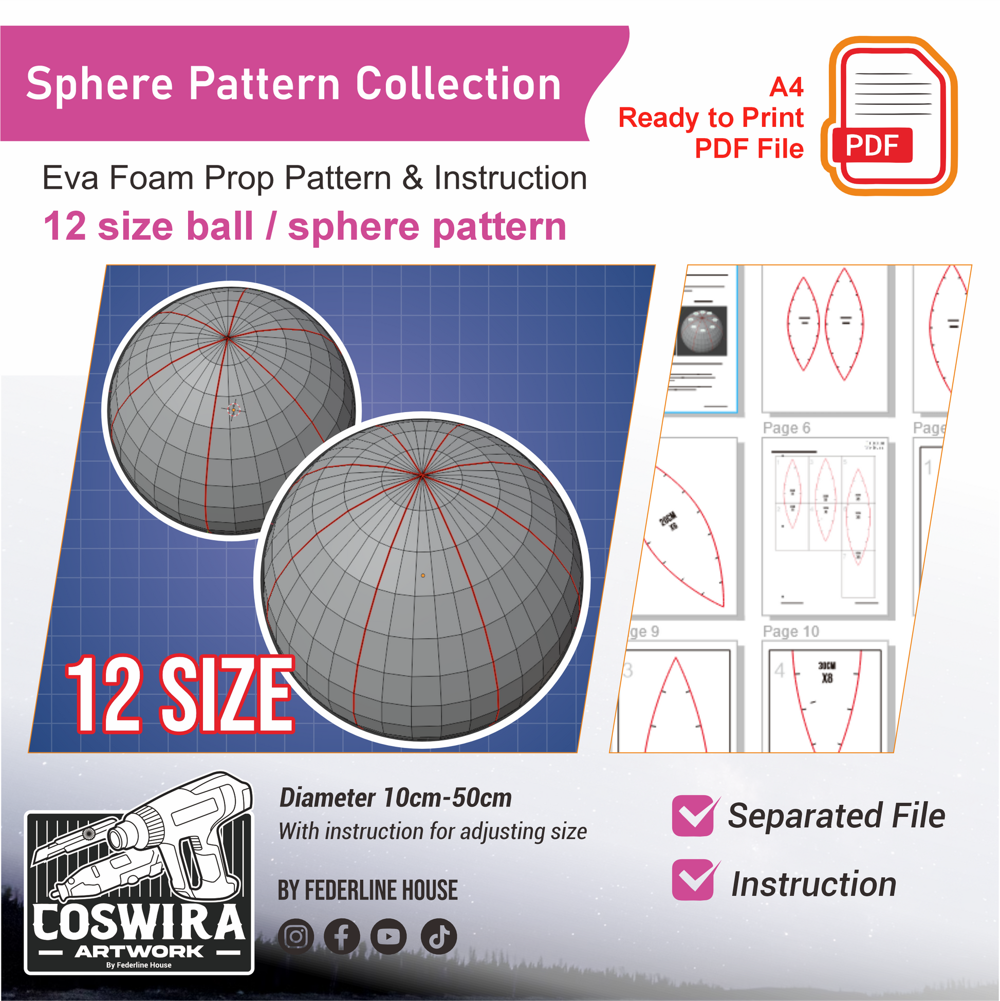 Prop Pattern: Ball Sphere Basic Template – 12 Size EVA Foam Cosplay Blueprint PDF