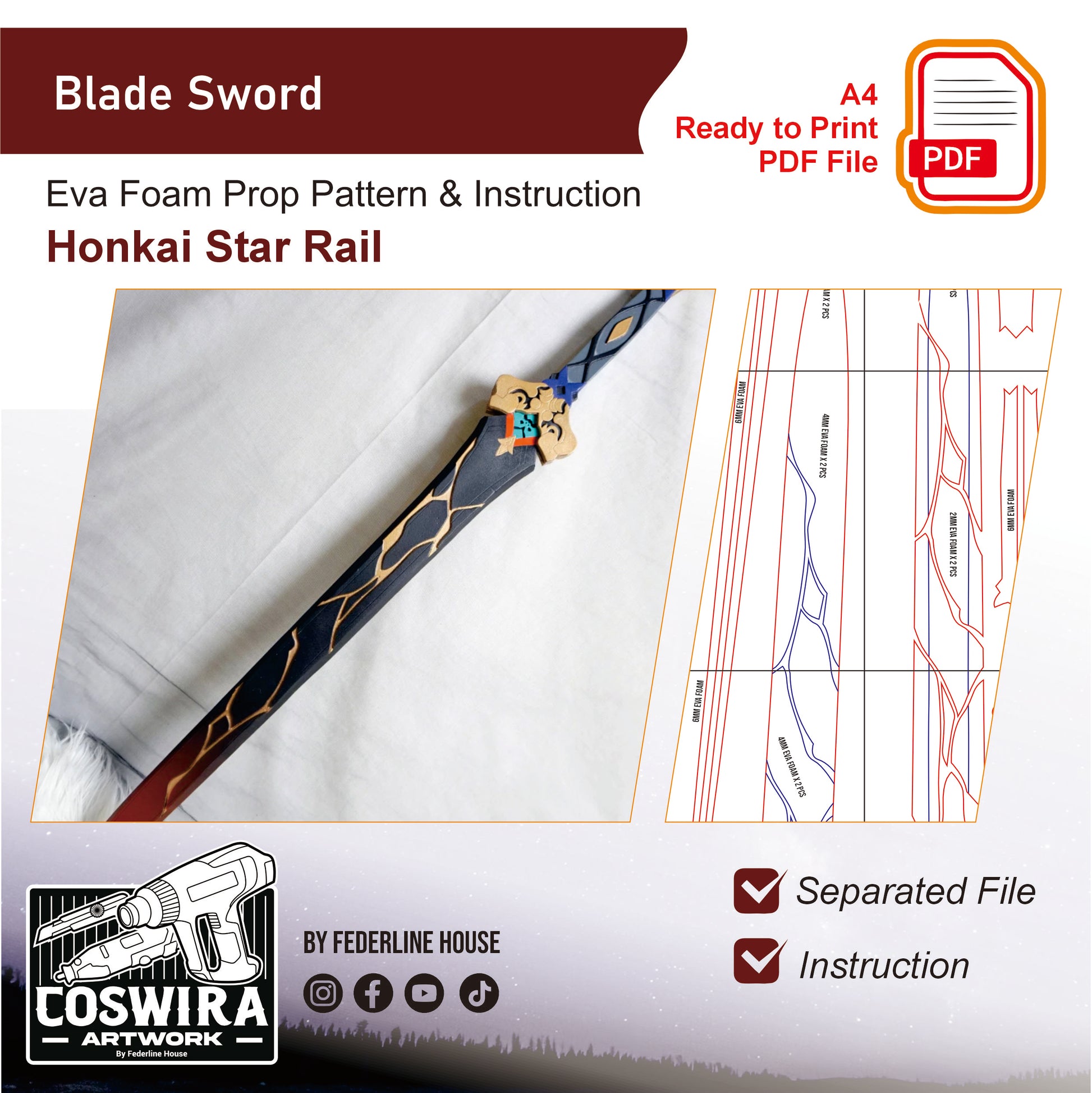 Prop Pattern: Blade Sword from Honkai Star Rail Cosplay Template Blueprint PDF