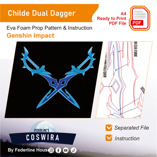 Prop Pattern: Childe Dual Daggers from Genshin Impact Cosplay Template Blueprint PDF
