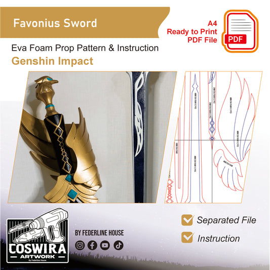 Prop Pattern: Favonius Sword from Genshin Impact Cosplay Template Blueprint PDF
