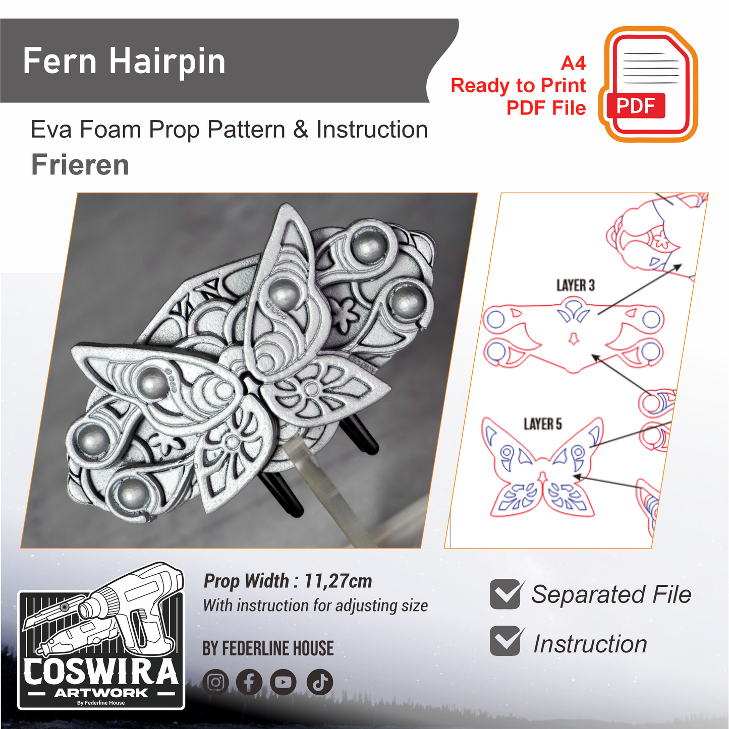 Prop Pattern: Fern Hairpin Headpiece from Sousou no Frieren Cosplay Template Blueprint PDF