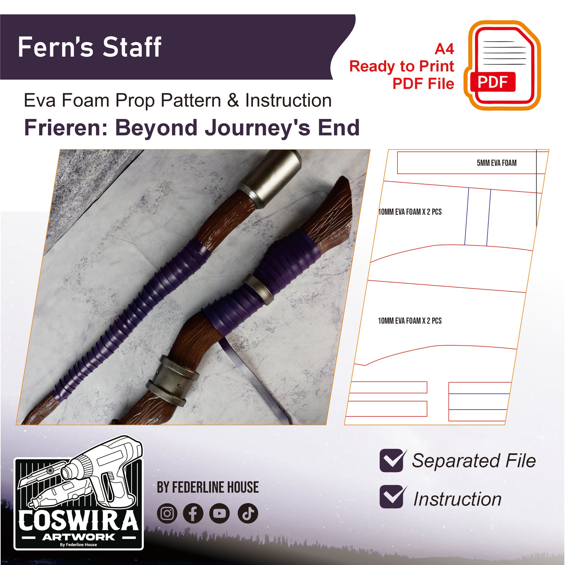 Prop Pattern: Fern Staff from Sousou no Frieren Cosplay Template Blueprint PDF