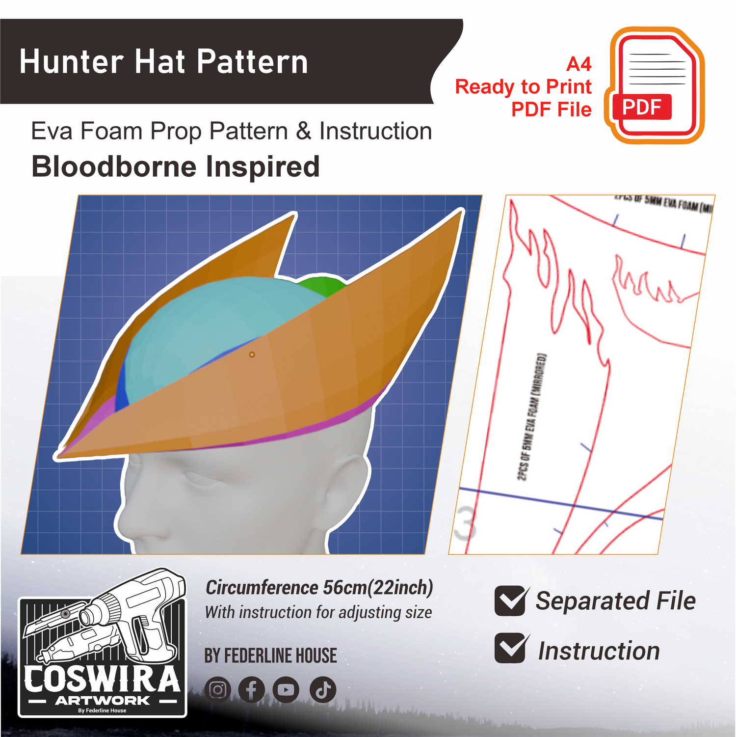 Prop Pattern: Hunter Hat Base Pattern Cosplay Template Blueprint PDF