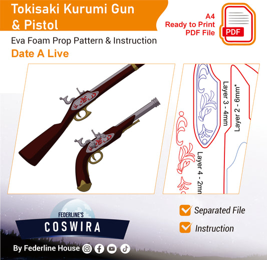 Prop Pattern: Kurumi Tokisaki Flintlock Pistol & Gun from Date A Live Cosplay Template Blueprint PDF
