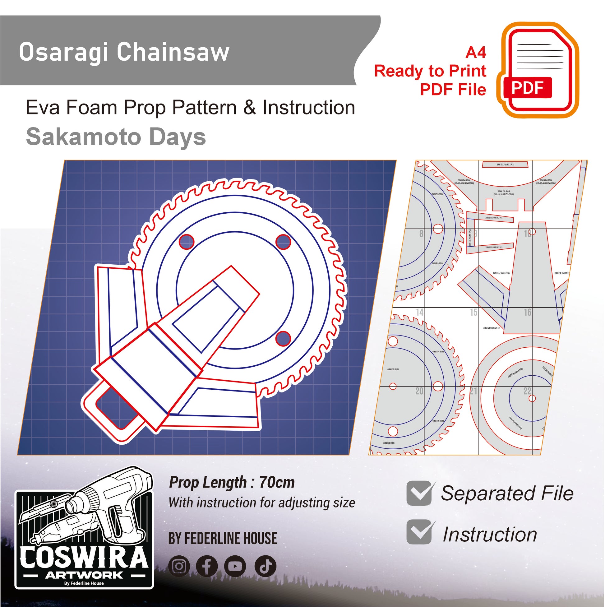 Prop Pattern: Osaragi Chainsaw from Sakamoto Days Cosplay Template Blueprint PDF